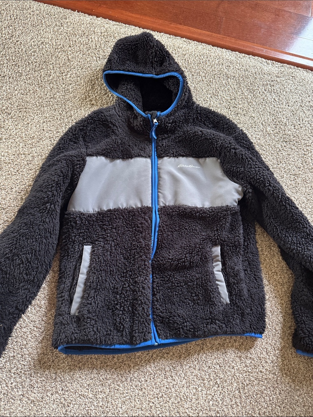 Youth Eddie Bauer Black Sherpa Jacket with hood with Gray Panels and Blue Trim